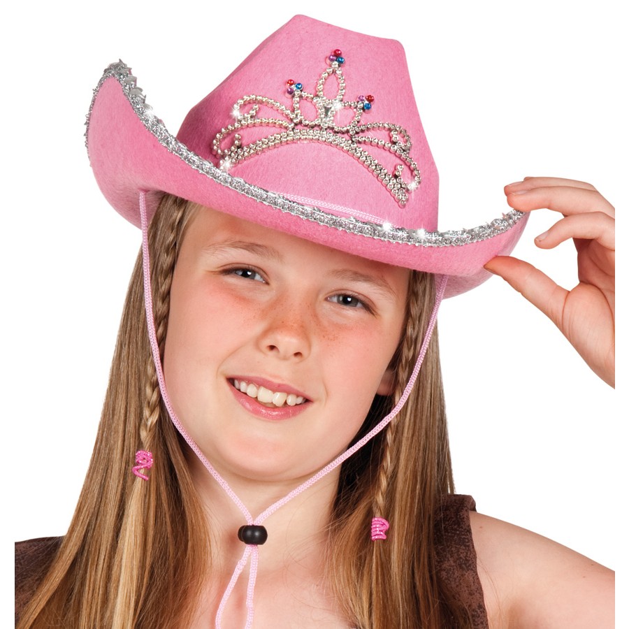 Rosa Cowboyhut - Frauen Mädchen Cowgirl Prinzessin Hut mit Krone Tiara  Design - Paillettenkrempe